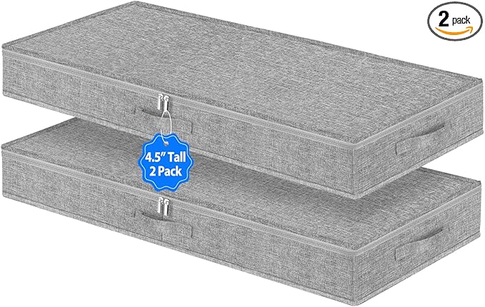 2 Pack Low Profile Under Bed Storage Containers 4.5 Inch Height, Shallow Underbed Couch Storage Organizer With Sturdy Sidewalls/Bottom, Thin Underbed Storage Bins For Clothes Dorm Dresser Sofa- Grey-NeatNest