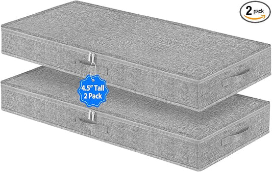 2 Pack Low Profile Under Bed Storage Containers 4.5 Inch Height, Shallow Underbed Couch Storage Organizer With Sturdy Sidewalls/Bottom, Thin Underbed Storage Bins For Clothes Dorm Dresser Sofa- Grey-NeatNest