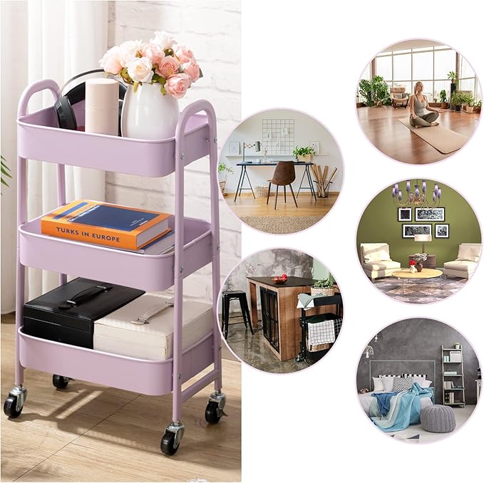 AGTEK Makeup Cart, Movable Rolling Organizer Cart, 3 Tier Metal Utility Cart with Lockable Wheels for Home & Office, Purple-NeatNest