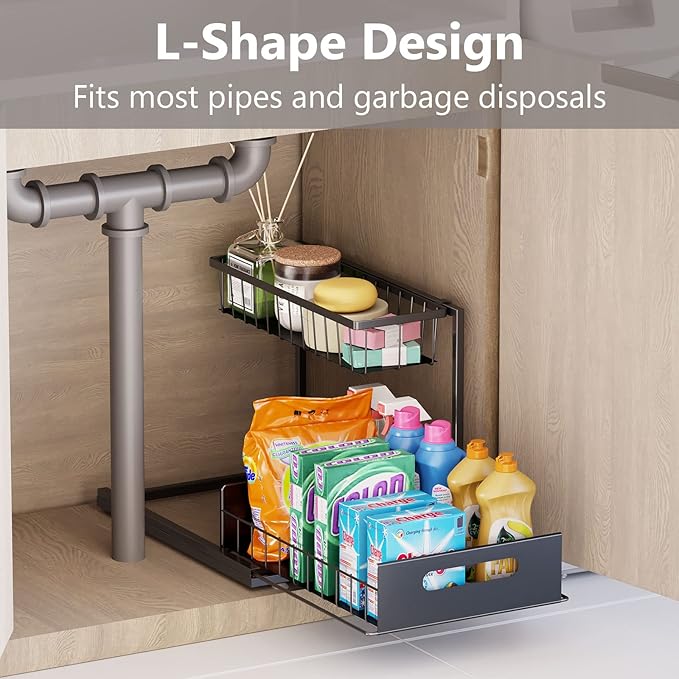 Under Sink Organizers and Storage 2 Tier Slide Out Kitchen Cabinet Organizer Sturdy Metal Bathroom Storage (Black, 1 Pack)-NeatNest
