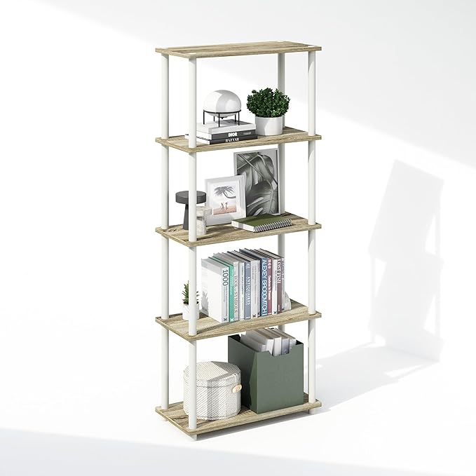 Furinno Turn-N-Tube 5-Tier Multipurpose Compact Bookcase, Sonoma Oak/White