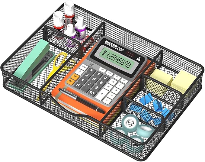 Desk Drawer Organizer, Metal Mesh Drawer Organizer Tray with 6 Adjustable Compartment, Tray Organizer for Desktop, Kitchen, Bathroom, Makeup, Vanity - 14.5x8.8x1.96 inch, Black, 1PC Large-NeatNest