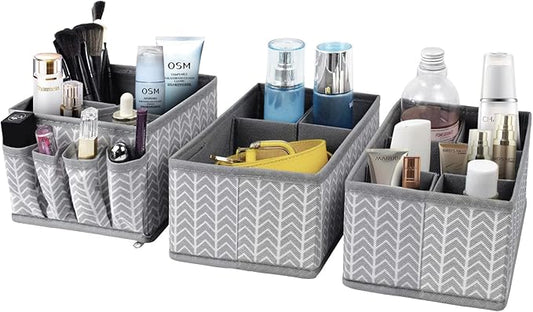 VERONLY Cosmetic Storage Bins Makeup Organizer, Adjustable Multifunction Storage Box Desk Drawer Divider for Makeup Brushes, Bathroom Countertop or Dresser, Set of 3 (Grey)-NeatNest