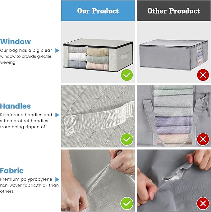 HomeHacks Storage 8-Pack Clothes Organizer Storage Bags Foldable Storage Box with Large Clear Window Sturdy Handles for Closet, Dorm, Pillows, Bedding, Clothes, Blankets, 35L, Ivory-NeatNest