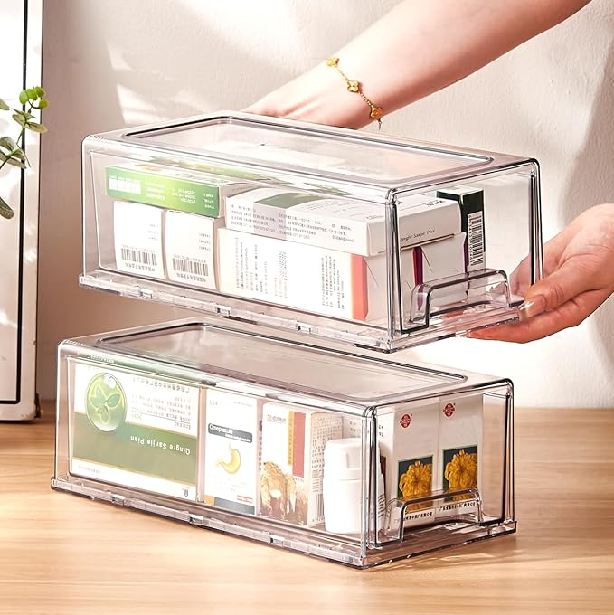 clear Drawer-Type Plastic Storage Box Bins Organizer，Family First Aid Kits Medicine cabinet Box Organizer,Closet ，Shelf，Ointments, Adhesive Bandages，Cosmetics,Office Items (clear, 2M)-NeatNest