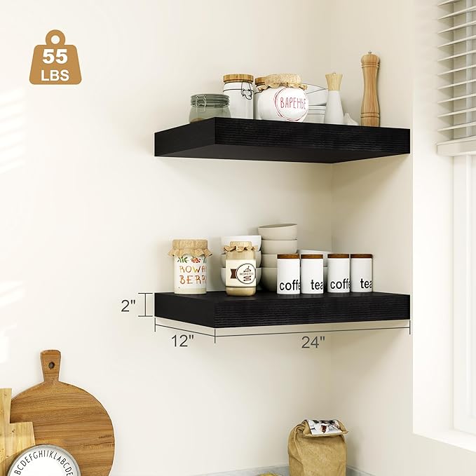 Heimlove Black Bathroom 12'' Deep Floating Shelves for Wall - Shelf Over Toilet Wall Mounted Farmhouse 24 inches,Rustic Wood Shelves Decor & Storage,Set of 1-NeatNest