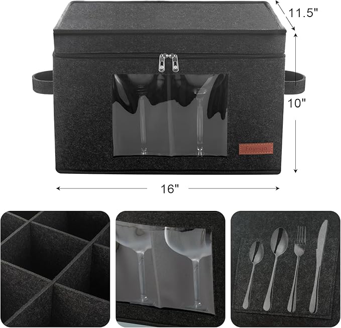 2 Pack Wine Glass Storage Box with Dividers, Stemware Storage Containers for Packing and Moving, China Storage Containers Box for 12 Crystal Glassware, Wine Glasses, Drinkware,Dark Gray-NeatNest