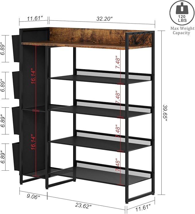 Brown 5-Tier Shoe Organizer - Free Standing Shoe Rack with Storage Bag for High Heels, Entryway, Hallways, Closets, Dormitory Rooms-NeatNest