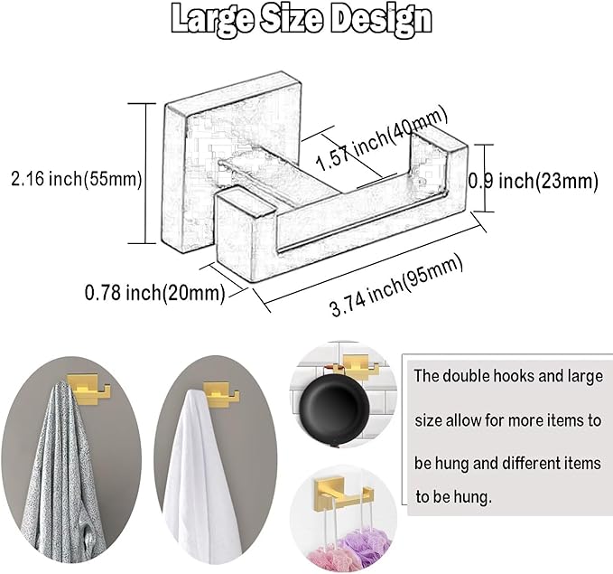 BOZWELL Double Towel Hooks for Bathroom Light Brushed Gold Wall Mount，Simple Modern Square Style Coat Robe Hook，Stainless Steel Heavy Duty Door Hanger for Bathroom Bedroom Kitchen Hotel Pool 1502-G-1