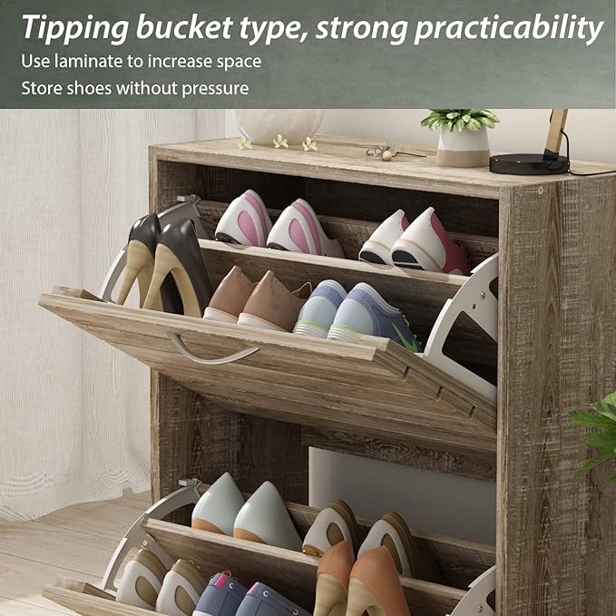FUFU&GAGA Shoe Storage Cabinet with 2 Flip Drawers for Entryway, Modern, Freestanding Rack Organizer (22.4”W x 9.4”D x 29.5”H) (Light Brown)-NeatNest