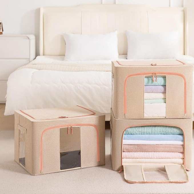 100L Stackable Clothes Storage Bins with Metal Frame Handles & Zipper, Collapsible Closet Organizer Box with Lid for Bedding Blankets Towel (Beige,1 pack)-NeatNest