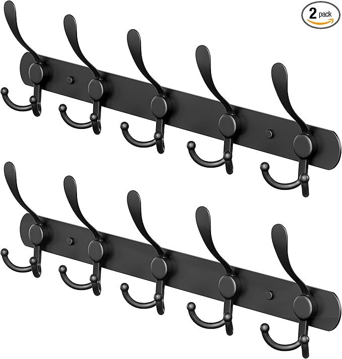 Coat Rack Wall Mount with 5 Tri Hooks, Stainless Steel 16 Inch – Black Matte Finish, Heavy Duty Wall Mounted Hook Rack for Coats, Hats, Towels, Scarves, Robes, Bags, Entryway & Bathroom - 2 Pack-NeatNest