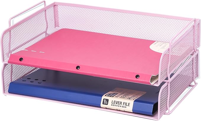 EASEPRES 2 Pack Stackable Desk Paper Tray, Metal Mesh Desktop Document Letter File Organizer for Office Home School, 13.5'' L x 9.75'' W x 5.5'' H, Pink