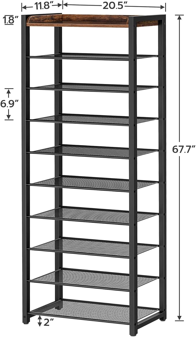 HOOBRO 10-Tier Shoe Rack, 20.5" L Shoe Storage Organizer, Narrow Shoe Shelf, Saving Space, Stable and Sturdy, Hold 18-20 Pairs of Shoes, for Entryway, Hallway, Living Room, Rustic Brown BF40XJ01-NeatNest