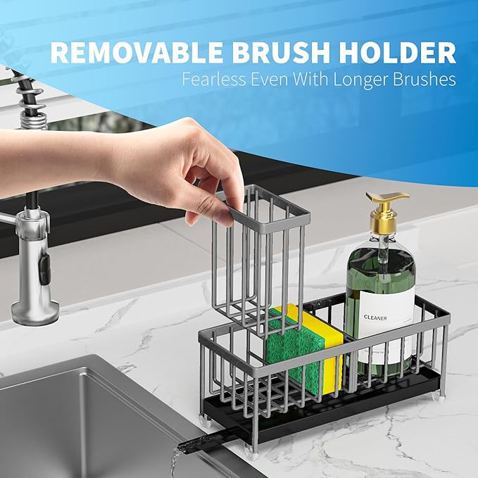 Cisily Charcoal Gray Sponge Holder for Kitchen Sink, Sink Caddy Organizer with High Brush Holder, Kitchen Countertop Organizers and Storage Essentials, Rustproof 304 Stainless Steel-NeatNest