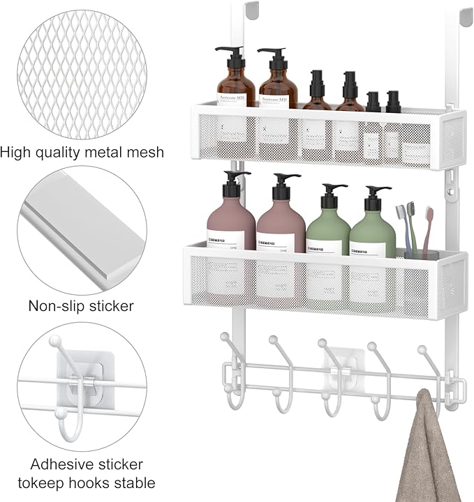 Adjustable Over The Door Hooks Organizer, Door Hanger Coat Rack with 2 Mesh Baskets and 10 Hooks, Back of Door Storage Organizer for Bedroom,Bathroom,Kitchen (White)