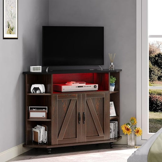 4 EVER WINNER Corner TV Stand, Farmhouse Corner TV Cabinet with LED Lights for 50 Inch, Adjustable Shelves, Corner TV Stand with Storage, Barn Doors for Living Room, Brown and Black-NeatNest