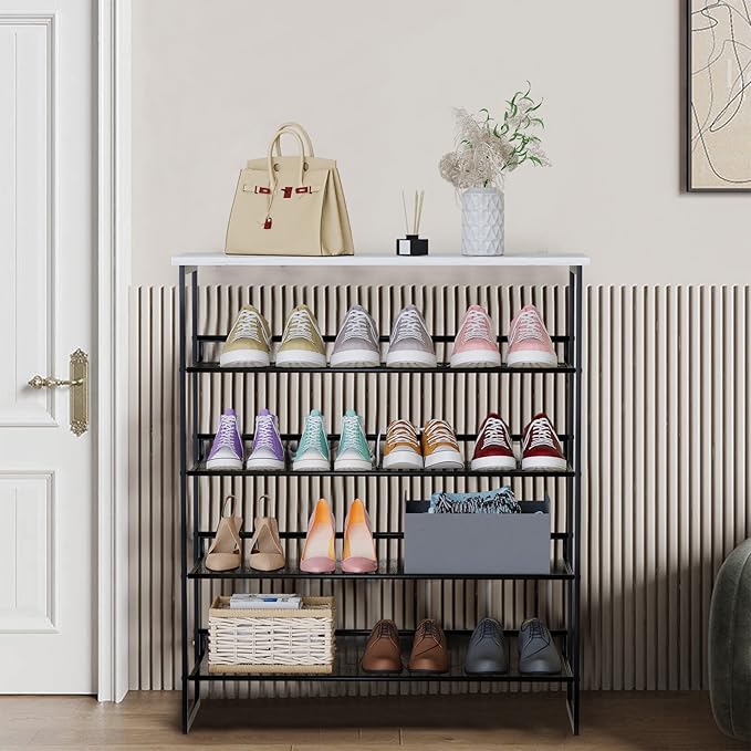 Garden 4 you 5 Tiers Shoe Rack,Multi-Purpose Adjustable Flat and Slant White Marble Freestanding Organizer Storage Rack Shoe Shelf, High Heels Potted Plant for Entryway Hallway Living Room Closet-NeatNest