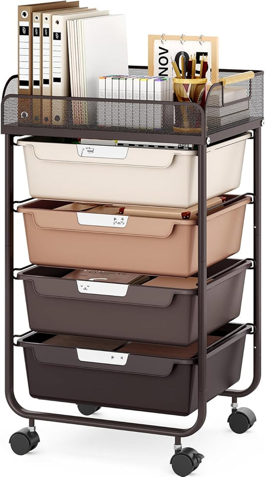 Rolling Cart with 4 Drawers,4 Tiers Rolling Utility Cart Craft Cart,Rolling Storage Drawer Cart with Mesh Top,Storage Cart with Drawers & 4 PCS DIY Lable, Brown