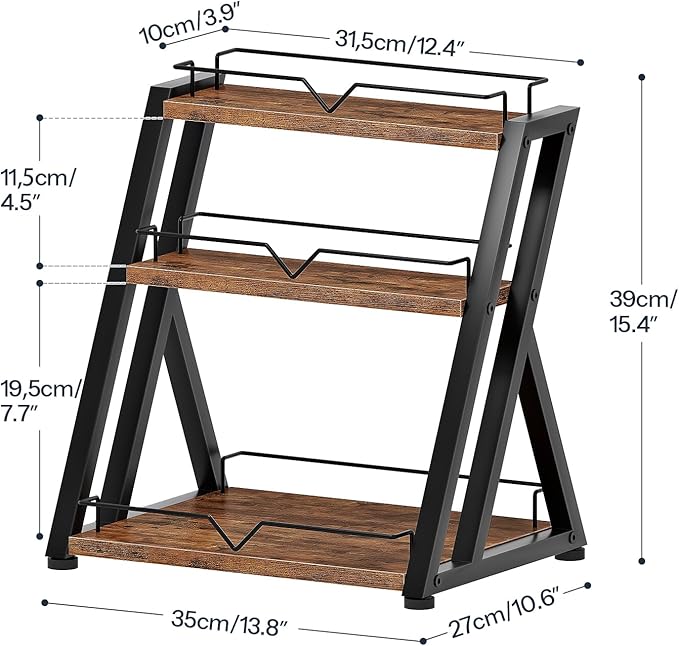 HOOBRO 3-Tier Kitchen Spice Rack, Kitchen Countertop Shelf, Desk Shelf Organizer, Dresser Top Storage Rack, for Office, Living Room, Bathroom, Rustic Brown and Black BF10TL01