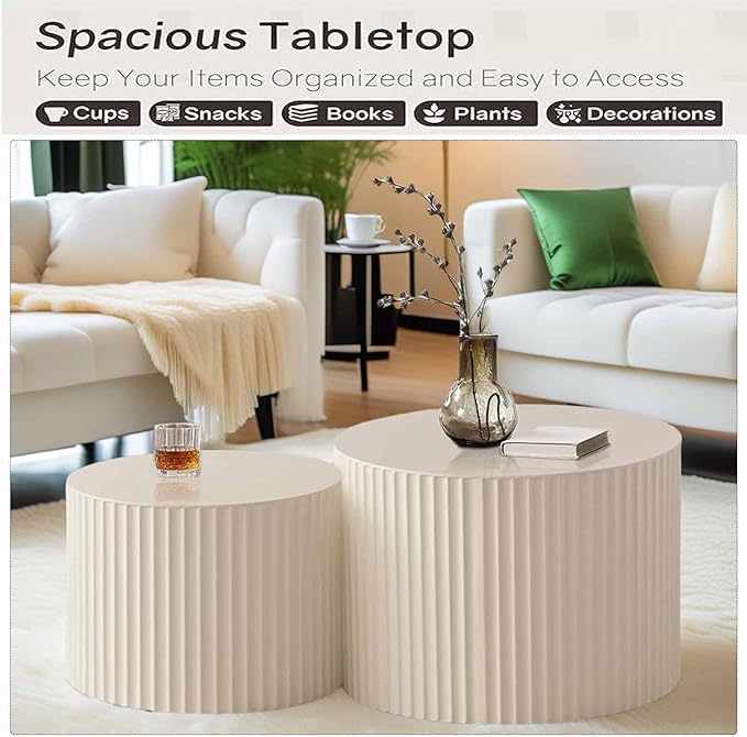 Modern Round Wooden Nesting Coffee Table Set of 2 Circle Tables with Non-Slip Feet, Accent Side End Table, Saving Space Design and No Need Assembly (HLARGE)