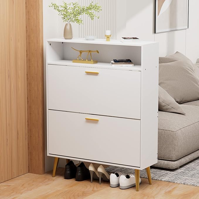 JOZZBY Shoe Cabinet for Entryway, White Narrow Shoe Storage Cabinet with 2 Flip Drawers, Freestanding Hidden Shoe Rack Storage with Open Shelves for Hallway, Living Room, Set of 2-NeatNest