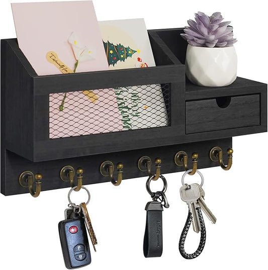 FifthQuarter Key and Mail Holder for Wall, Mail Organizer Wall Mount with 6 Hooks and Storage Drawer, Easy Installation Key Rack for Entryway and Home Decor (B-Black)