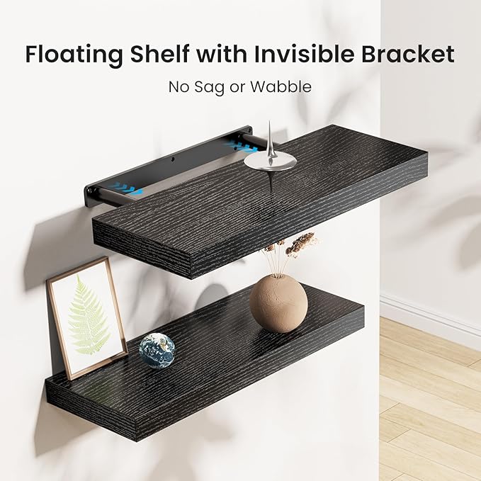 AMADA HOMEFURNISHING Floating Shelves Black, Wall Shelves with Invisible Brackets for Bedroom, Bathroom, Living Room, Kitchen, Set of 3 - AMFS07-NeatNest