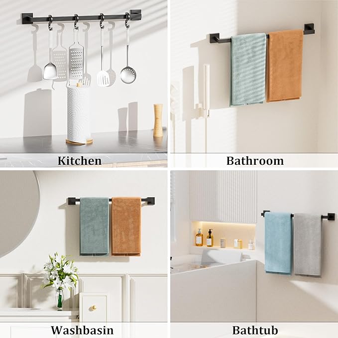 Alise Black Towel Bars,23.6 Inch Towel Holder Towel Racks for Bathroom and Lavatory,SUS304 Stainless Steel Hand Towel Hanger Rail Wall Mount,Useable Length 21.85 Inch Towel Bar, GYT060-B