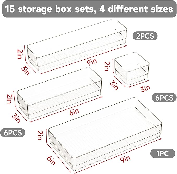 15 PCS Clear Plastic Drawer Organizer Set, 4 Sizes Acrylic Drawer Storage Trays Non Slip Storage Bins for Makeup, Jewelry, Gadgets for Kitchen, Bedroom, Bathroom, Office-NeatNest