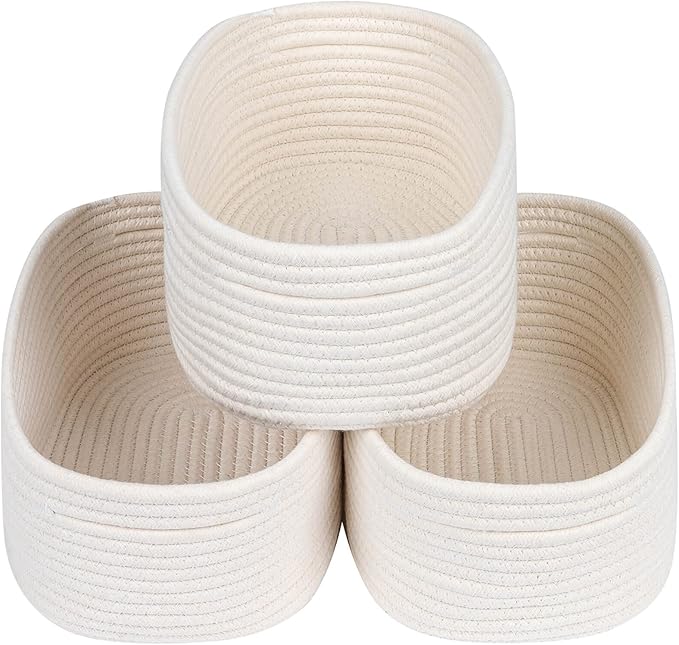CubesLand Off White Small Storage Baskets for Shelves, Closet Organization Storage Bins Empty Gift Basket Baby Nursery Woven Baskets for Organizing, Rectangular Clothes Closet Shelves Baskets 3 Packs-NeatNest
