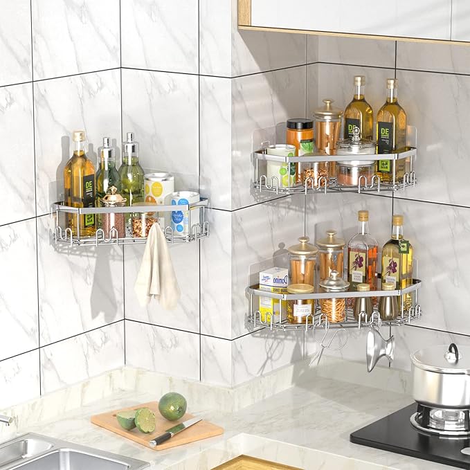 STEUGO Corner Shower Caddy, 3 Pack Adhesive Shower Corner Organizer Shelves, No Drilling Stainless Steel Shower Storage Rack with 12 Hooks for Bathroom, Dorm and Kitchen(Silver).