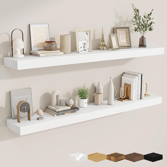 fuqing Floating Shelves for Wall, Bathroom Shelf Wall Mounted for Storage, Shelves with Invisible Bracket for Bedroom, Kitchen, Living Room, Farmhouse Small Book Shelf, 55 Inch Set of 2, White-NeatNest