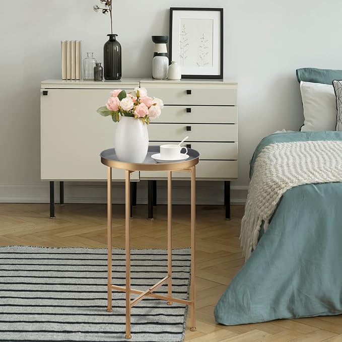 HollyHOME Small Round Metal Waterproof End Table, Accent Indoor&Outdoor Coffee Side Table, Snack Sofa Table for Living Room, Anti-Rust Decorative Plant Stand, (D) 14.5" x (H) 25", Gold/Grey-NeatNest
