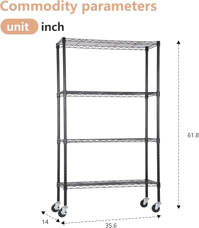 4-Tier Adjustable NSF-Certified Metal Shelf 36L x 14W x 62H Wire Shelving Unit Storage with Wheel for Small Places Restaurant Garage Pantry Kitchen Garage Rack,Black-NeatNest