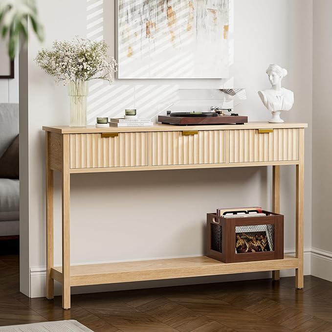 Console Table with Storage, Boho Entryway Table with 3 Fluted Drawers and Shelf, Sofa Table for Living Room, Entryway, Hallway, Natural-NeatNest