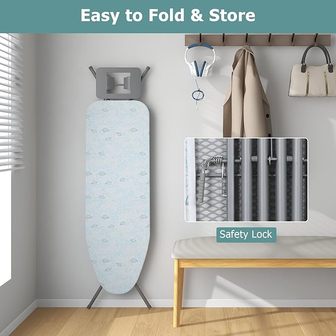 GOFLAME Folding Ironing Board, Height Adjustable Ironing Board w/Iron Rest, Removable Cover, Sturdy Metal Frame, 48.5" x 15.5" Compact & Portable Ironing Board for Household (Turquoise)