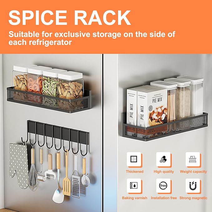 3-Pack Magnetic Spice Rack for Refrigerator - Heavy Duty Metal Kitchen Organizer with Hooks, Space-Saving Cabinet Storage, Rustproof & Easy to Clean