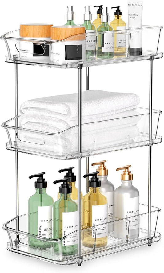 3 Tier Under Sink Organizer and Storage - Multi-Purpose Stackable Pantry Organizer with Pull-Out Clear Bins and Movable Dividers for Kitchen and Bathroom Cabinet-NeatNest
