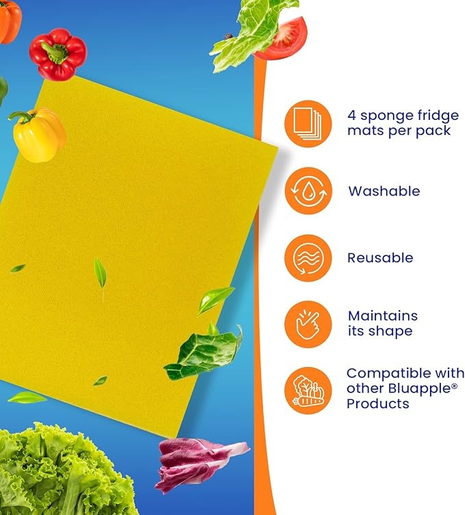 Bluapple FreshMats, Refrigerator Bin Liner, Fridge Drawer Mats, Crisper Life Extender Liner Keeps Produce Fresh Longer, Anti-Bruising, for Air Circulation, Washable & Reusable (4-Mats, 12x15, Yellow)
