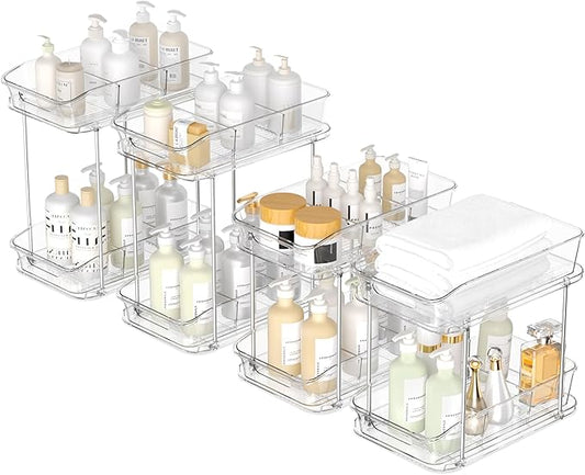 2 Tier Pull-Out Storage Organizer for Bathroom and Kitchen, Under Sink Organizer with Dividers, Ideal for Organizing Cupboard,Bathroom Vanities,Cabinet, Slide-Out Clear Storage, 4 Pack-NeatNest