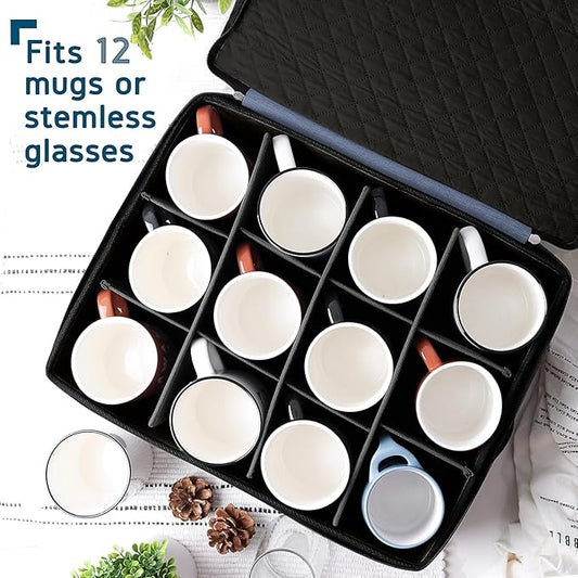 Coffee Mug Storage, 2 Pack Quilted and Stackable Coffee Cup Storage Organizer for Service of 24, Mug Storage Box with Dividers, China Containers Hard Shell for Moving and Organization, Blue-NeatNest