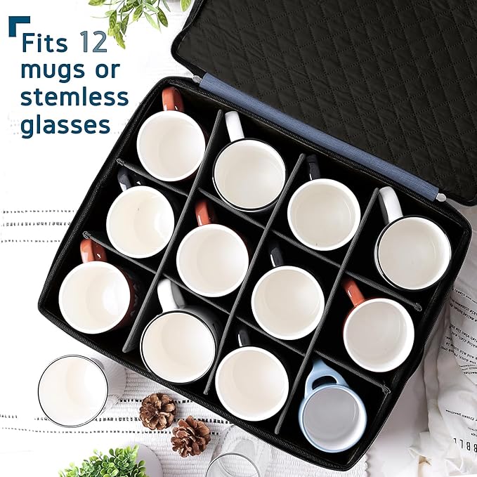 Hearth & Harbor Coffee Mug Storage, Quilted and Stackable Coffee Cup Storage Organizer for Service of 12, Mug Storage Box with Dividers, China Containers Hard Shell for Moving and Organization, Blue-NeatNest