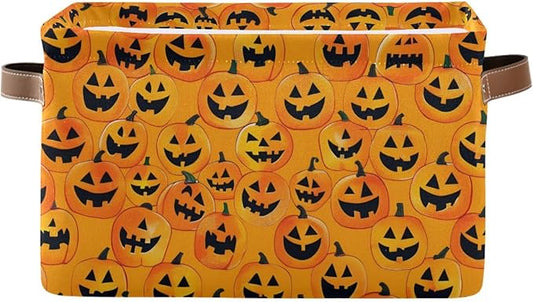Halloween Seamless Storage Basket,Yellow Pumpkin Large Storage Bin Fabric Collapsible Organizer Bag with Handles 15x11x9.5 inch-NeatNest
