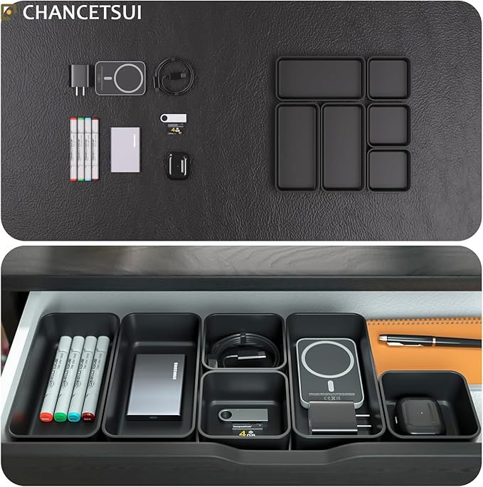 6 Pcs Stackable Drawer Organizer Set Desk Drawer Dividers, Bathroom Vanity Cosmetic Makeup Trays , Multipurpose Plastic Storage Bins for Jewelries, Kitchen Gadgets and Office Accessories, Black-NeatNest