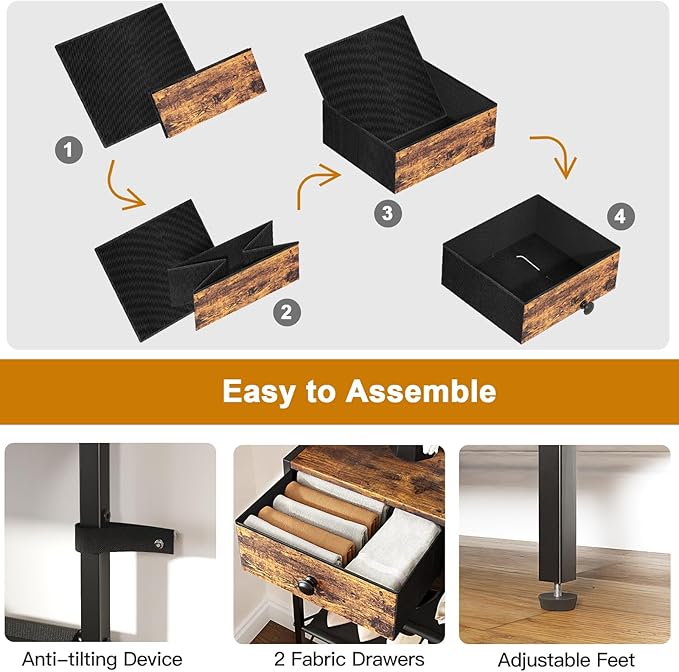 Shoe Rack, 5 Tier Shoe Organizer with 2 Drawers, Metal Shoe Storage for 16-20 Pairs of Shoes with Fabric Shelves and Wooden Top, Narrow Shoe Shelf for Closet Entryway Rustic Brown-NeatNest