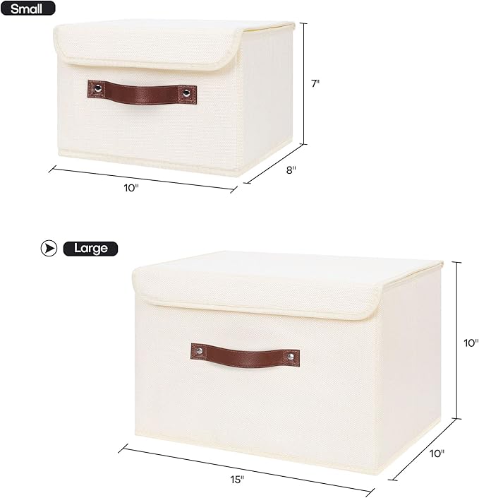 ANMINY 2PCS Storage Bins with Lid PU Leather Handles Storage Boxes PP Plastic Board Decorative Foldable Lidded Cotton Linen Fabric Home Cubes Baskets Closet Organizer Containers - Beige, Large Size-NeatNest
