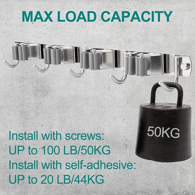 OCGIG 2 Pack Mop and Broom Holder, Wall Mounted Metal Hanger Organization Storage Heavy Duty Tool Organizer for Garage Home Kitchen Laundry Garden (4 Racks and 5 Hooks)-NeatNest