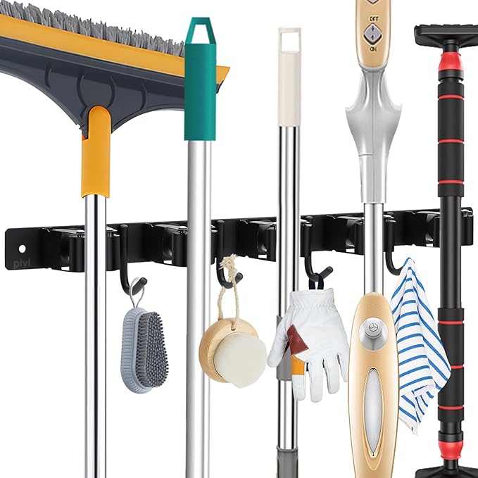 Piyl Mop and Broom Holder Wall Mount - 5 Racks and 4 Hooks Broom Hanger Mop Organizer Storage Tool Racks Stainless Steel Heavy Duty Utility Hooks for Home Kitchen Garden Laundry Garage Closet-NeatNest
