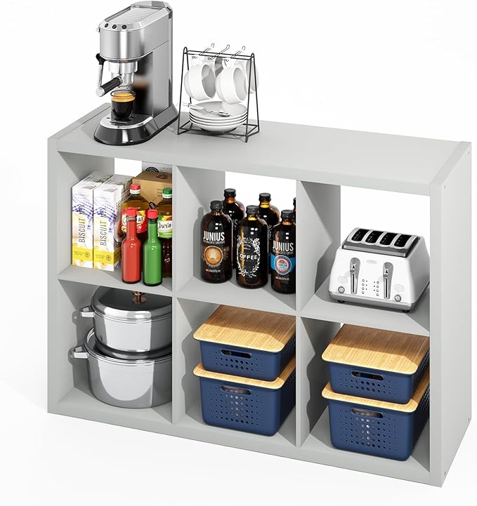 Furinno Hermite 6-Cube Open Shelves Kitchen Storage, Kitchen Island, Bakers Rack, Buffet Sideboard, Light Grey-NeatNest